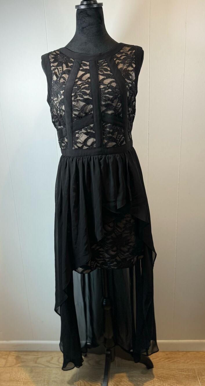 Women's Morgan & Co Maxi Hi Lo Black Dress with Underskirt Size 9/10